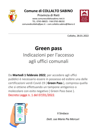 Dall'1 Febbraio 2022 accesso con GREEN PASS negli Uffici Comunali